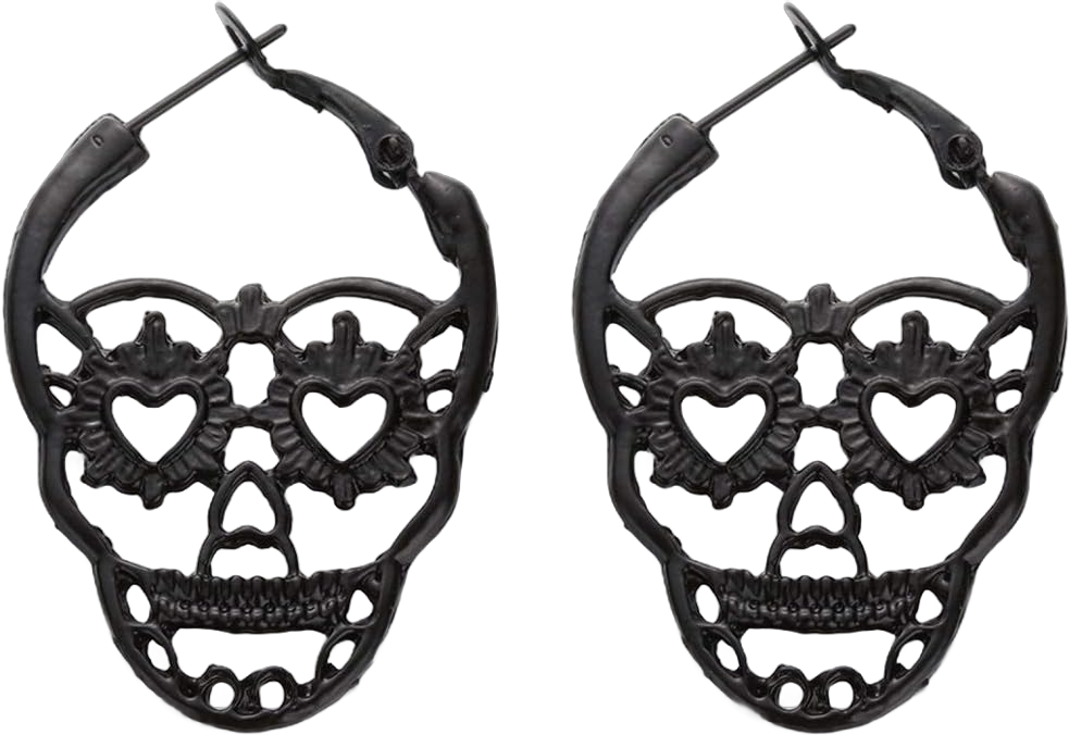 Women's Sugar Skull Earrings Gothic Halloween Hoop Earring Set, Dia de los Meurtos, Day of the Dead Jewelry Black Skull