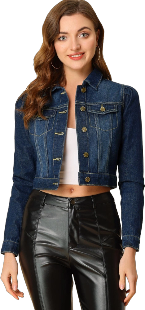 Allegra K Women's Basic Puff Sleeve Washed Lightweight Cropped Denim Jacket Blue Black Small