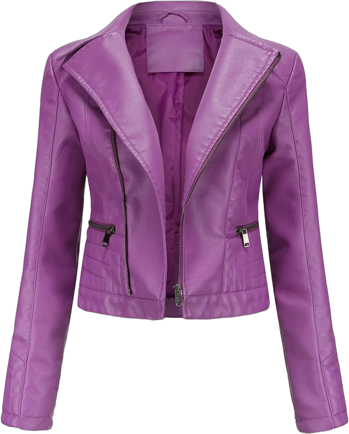 Women Purple Faux Leather Zip Up Lapel Motorcycle Jacket Winter Fall Long Sleeve Cropped Bomber Biker Jacket Coat