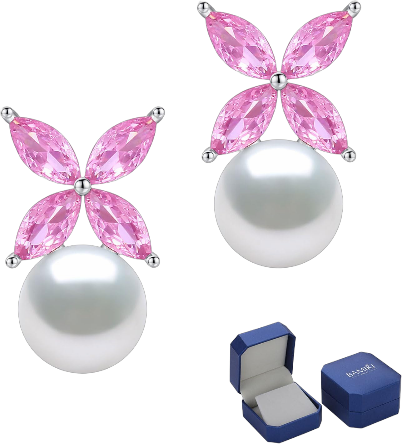 Sterling Silver Pearl Earrings for Women, Marquise Cubic Zirconia Clover Stud Earrings 18K White Gold Plated, 8.5MM Freshwater Cultured Pearls Jewelry Gifts Hypoallergenic Pink Zircon