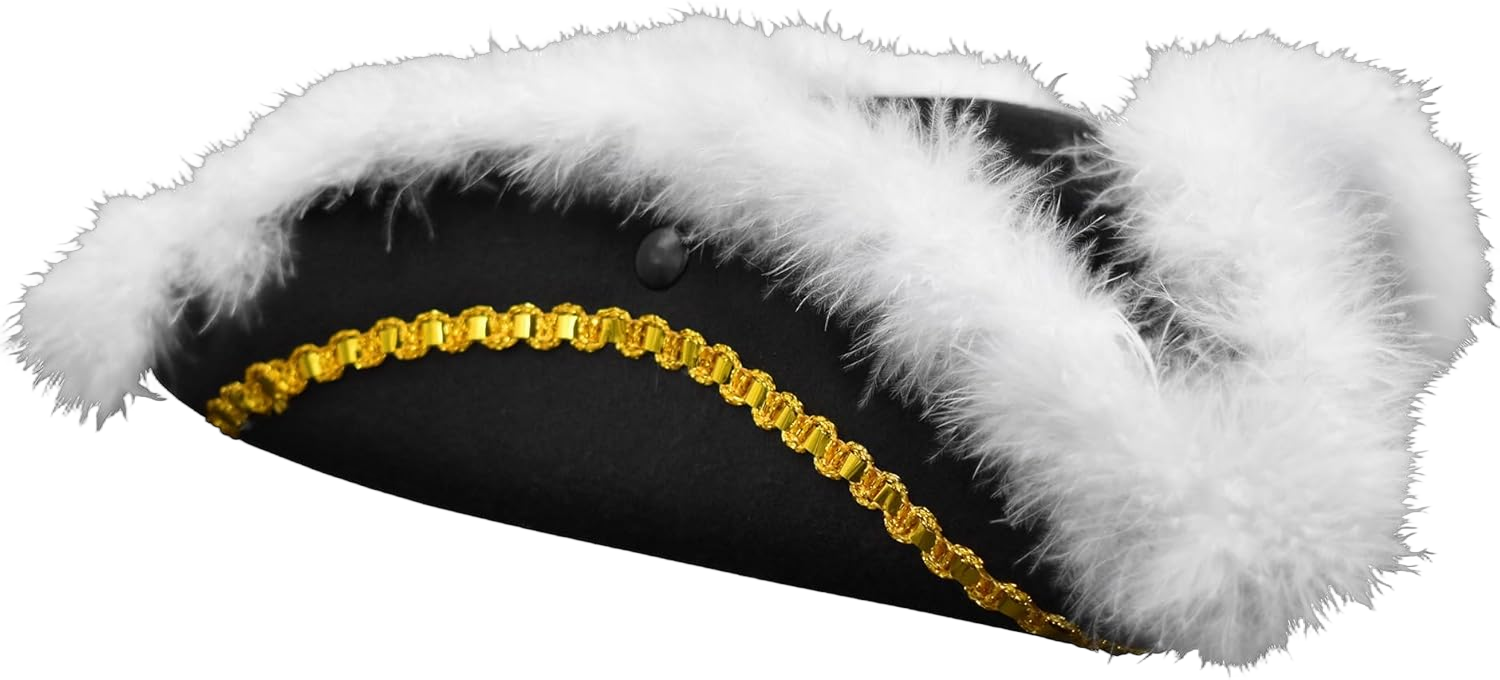 Nicky Bigs Novelties Adult Pirate Black Tricorn Colonial Hat with White Faux Fur Trim Mens Womens Hats Revolutionary Costume