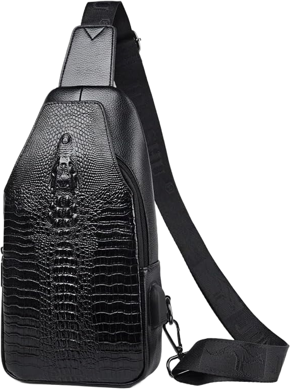 Crocodile Leather Sling Bag Crossbody Backpack for Men Women Unisex Black