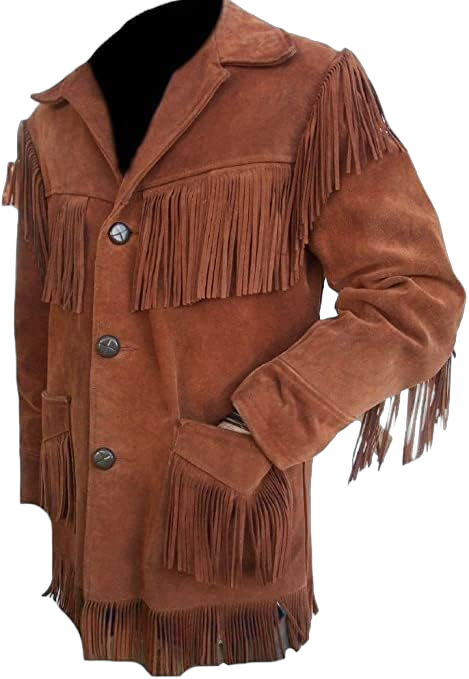 Men's Traditional Cowboy Western Leather Coat | Native American Suede Jacket With Fringed Large Brown