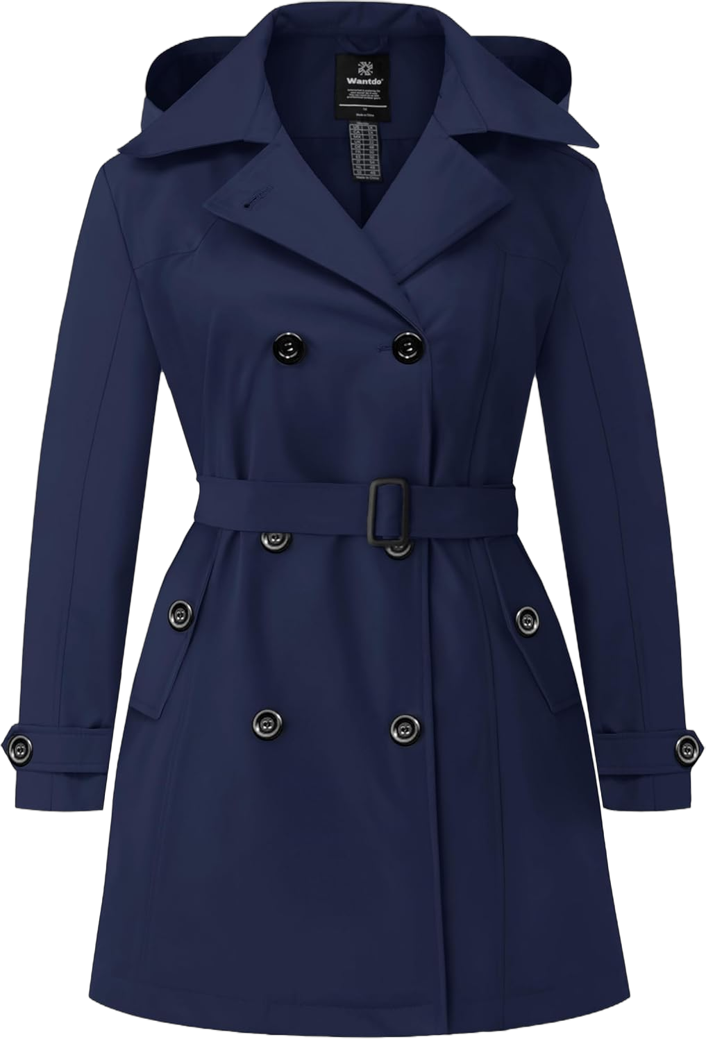 wantdo Women's Plus Size Trench Coat Double-Breasted Waterproof Lapel Overcoat Stylish Pea Coat with Detachable Hood 5X Navy