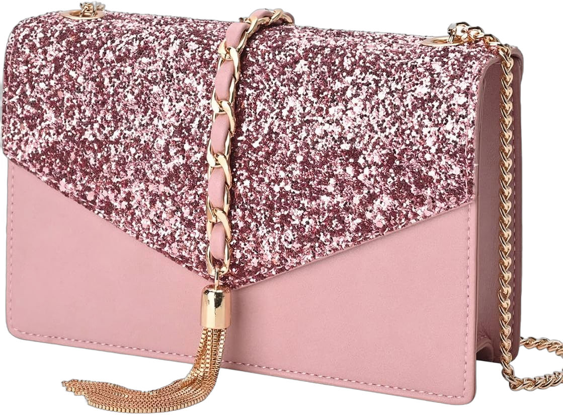 GM LIKKIE Crossbody Clutch Purse for Women, Glitter Evening Bag, Sequin Tassel Wedding Handbag for Party Pink