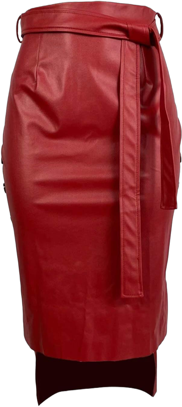 RAMOUG Women High Waist Faux Leather Belted Waist Side Split Midi Bodycon Skirts X-Large Red