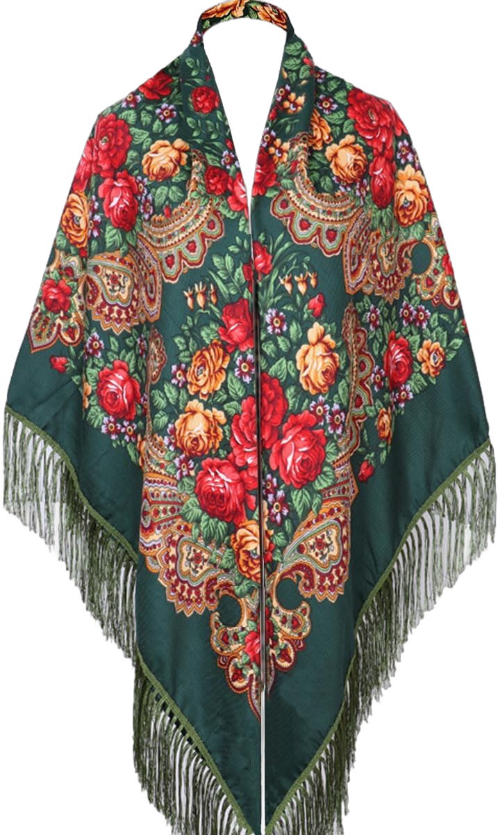 Russian Style Muffler Scarf Women's Traditional Scarf Wrap Tassel Shawl Fringes Neck Head Shawl Retro Scarf 06 Green