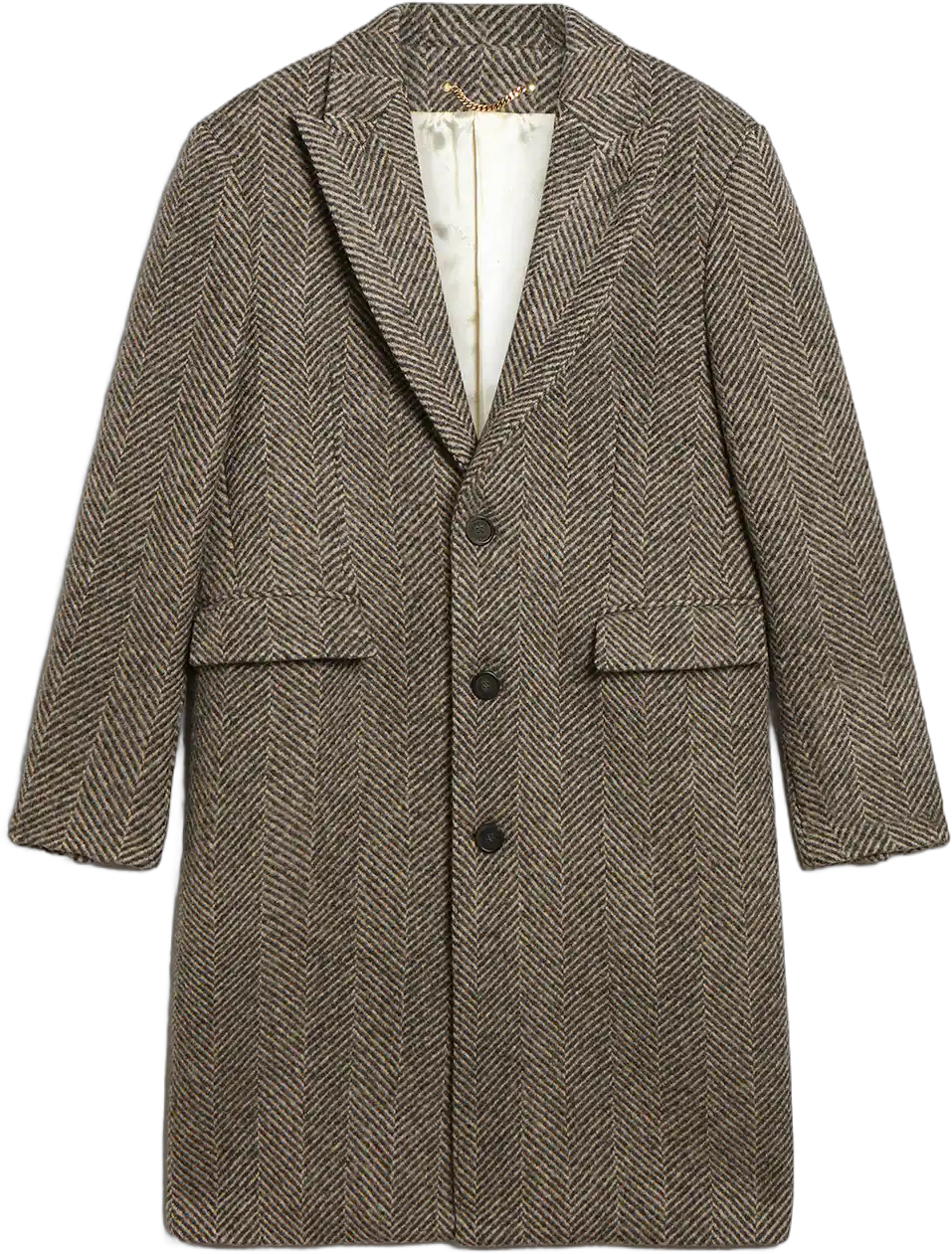 Men's single-breasted wool coat with beige and gray herringbone weave