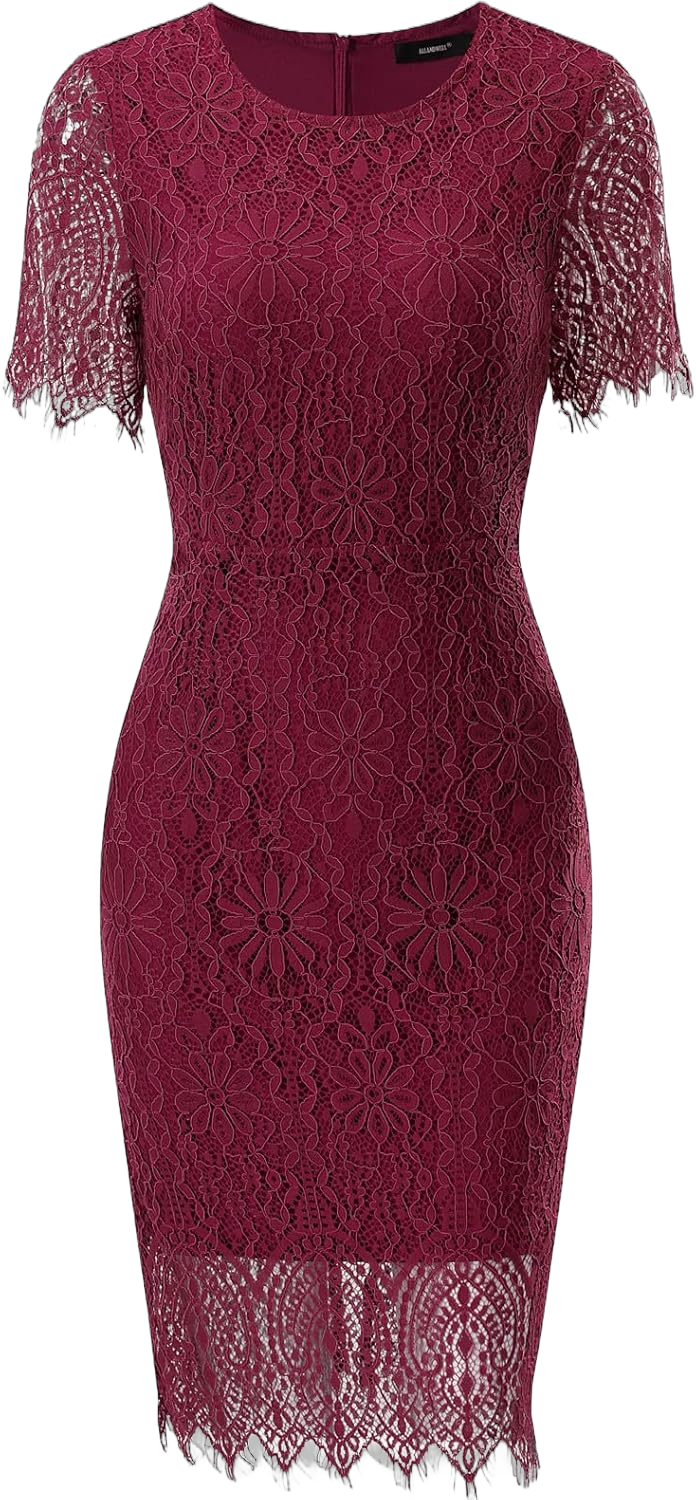 ALLANDWELL Women's Elegant Floral Lace Fixed V Neck Fluttering Short Sleeves Knee Length Dress Small 931a-1-8 Wine