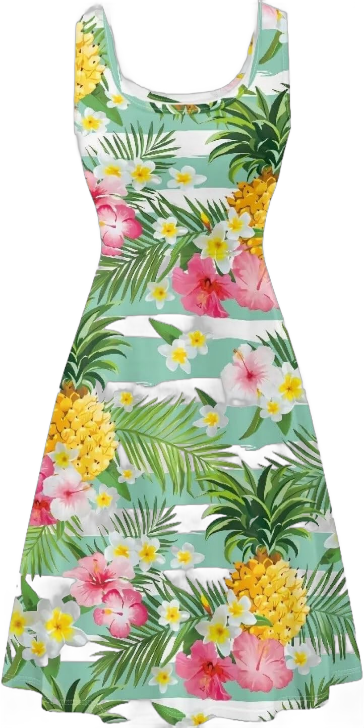 Women's Summer Casual Floral Print Midi Beach Sundress Sleeveless Scoop Neck Flowy A Line Tank Dress with Pockets XX-Large Tropical Floral Pineapple Green