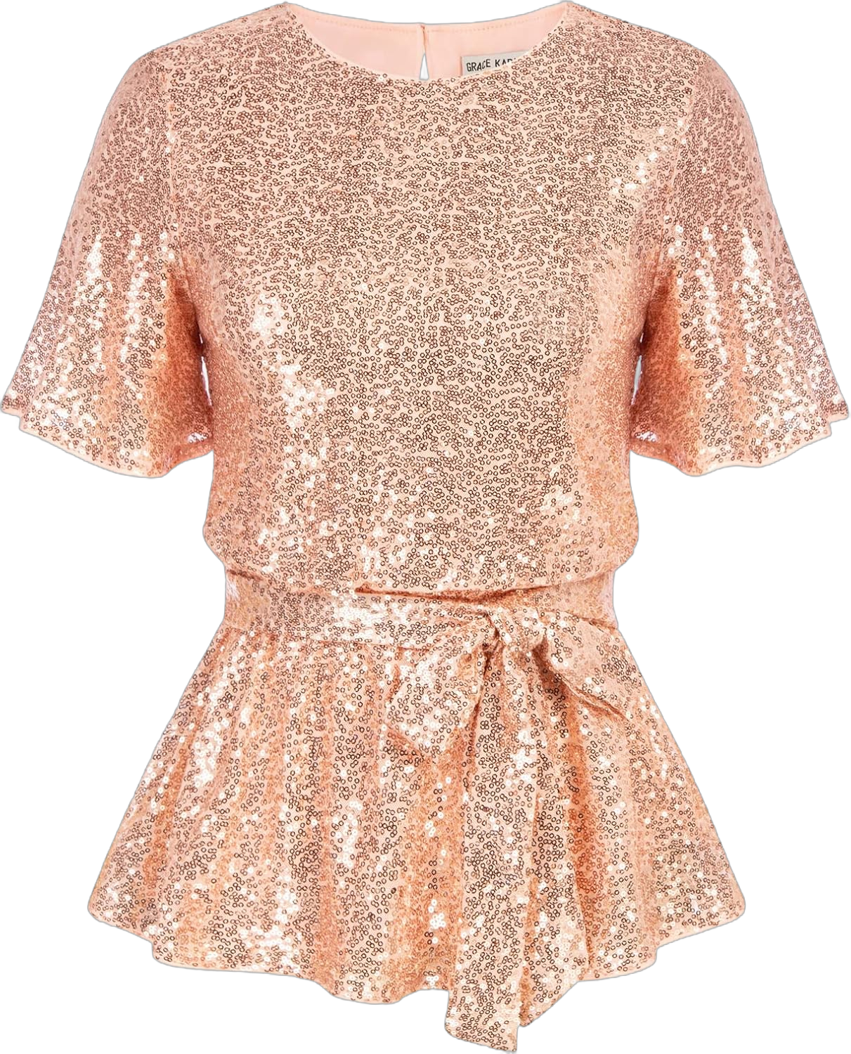 Women Sequined Party Tops Short Bell Sleeve Crew Neck Tie Elastic Waist Peplum Tops Rose Gold L