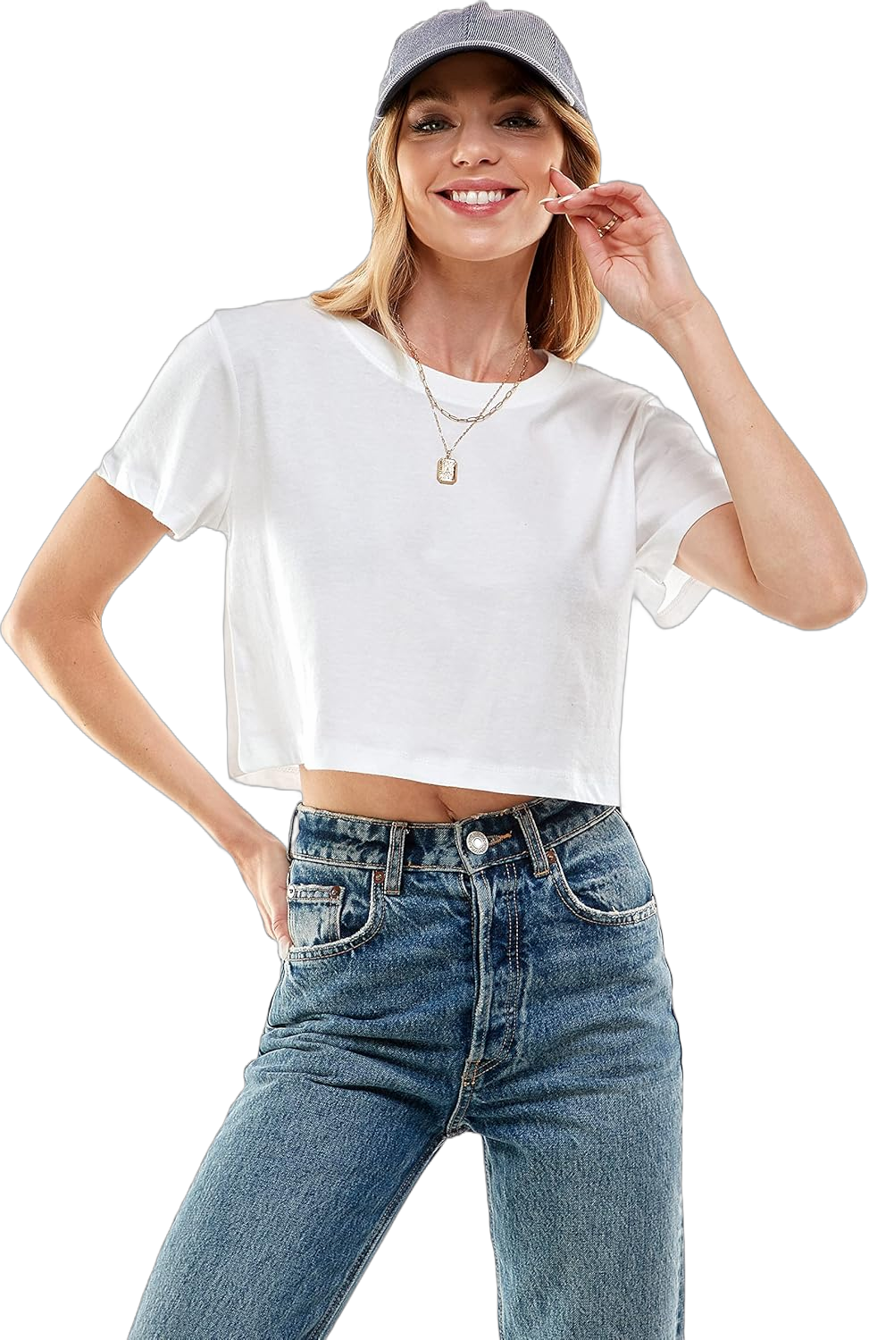 Women's Boxy Crop Top Round Neck Short Sleeve Casual 100% Cotton Cropped Tee T-Shirt Medium White