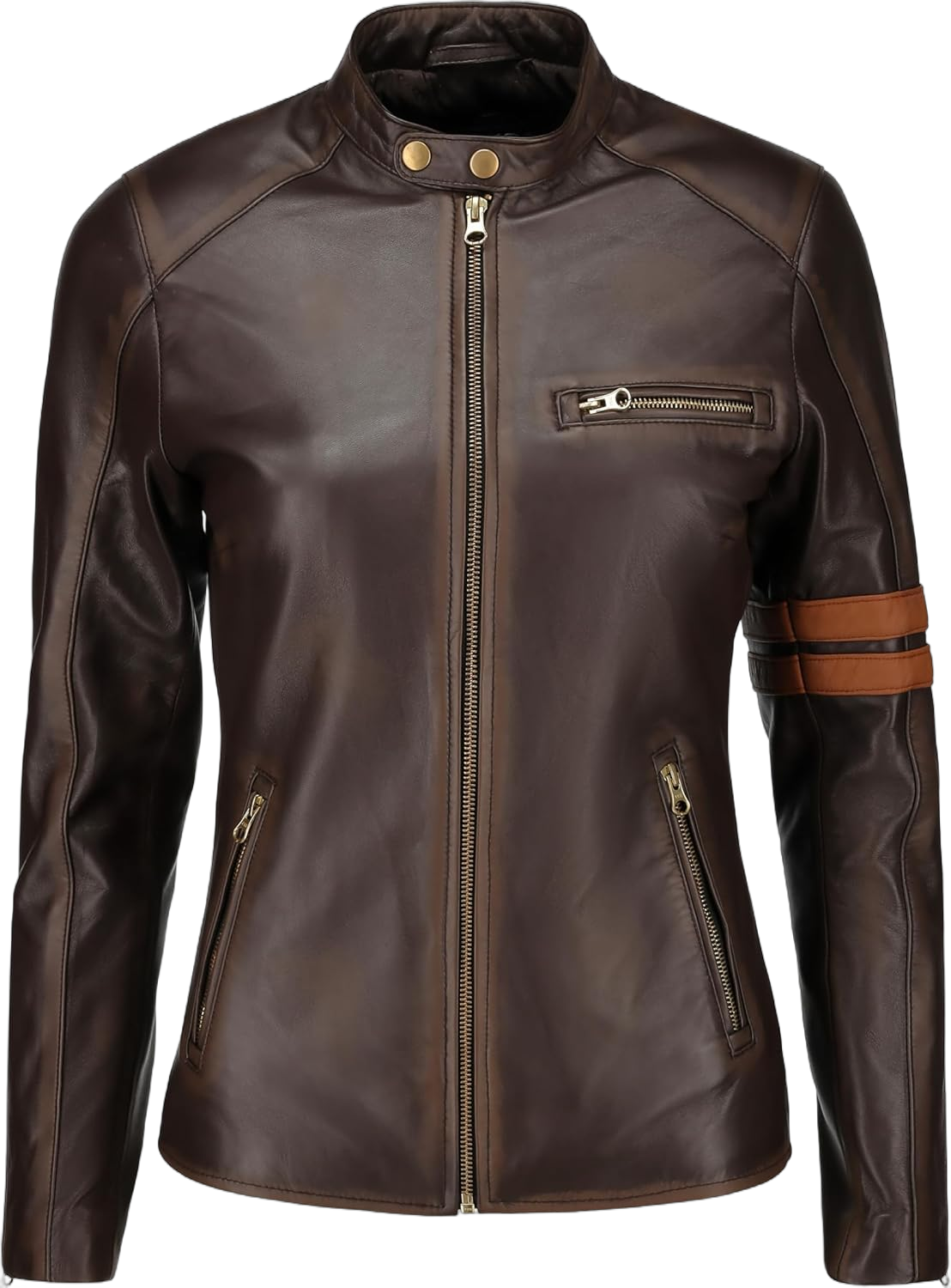 Jild Vintage Café Racer Genuine Leather Jacket Women - Distressed Leather Moto Biker Style Slim Fit Motorcycle Jacket Women One Size Brown