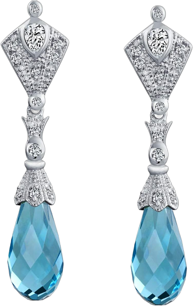 Vintage Art Deco Style Filigree Briolette Faceted Teardrop AAA CZ Dangle Chandelier Earrings For Women Bride More Colors Blue