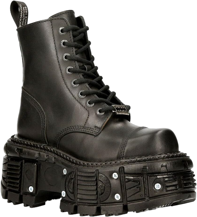 New Rock Women's TANK083-C1 Real Leather Combat Black Platform Biker Military Shoe Boots