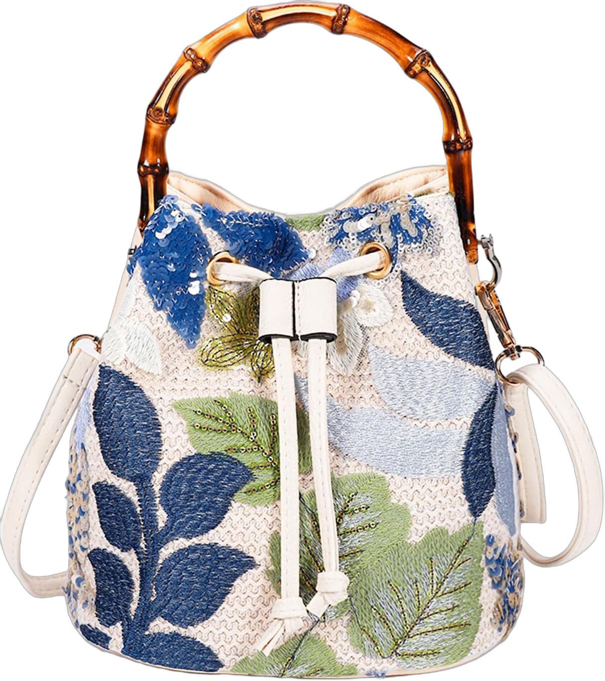 Crossbody Bags for Women, Beach Bag, Hand Embroidered Tot Bag, Natural Bamboo carry handle Bucket bag, Bohemian Handbags for Women Vacation Travel Daily Matching(Blue Flowers)