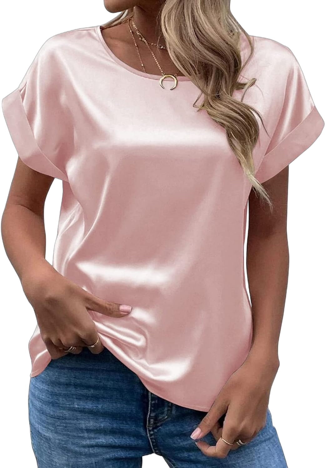 Womens Satin Top Elegant Round Neck Rolled Short Sleeve Thin Silk Shirt Solid Loose Crew Neck Office T-Shirt Blouse Medium Pink