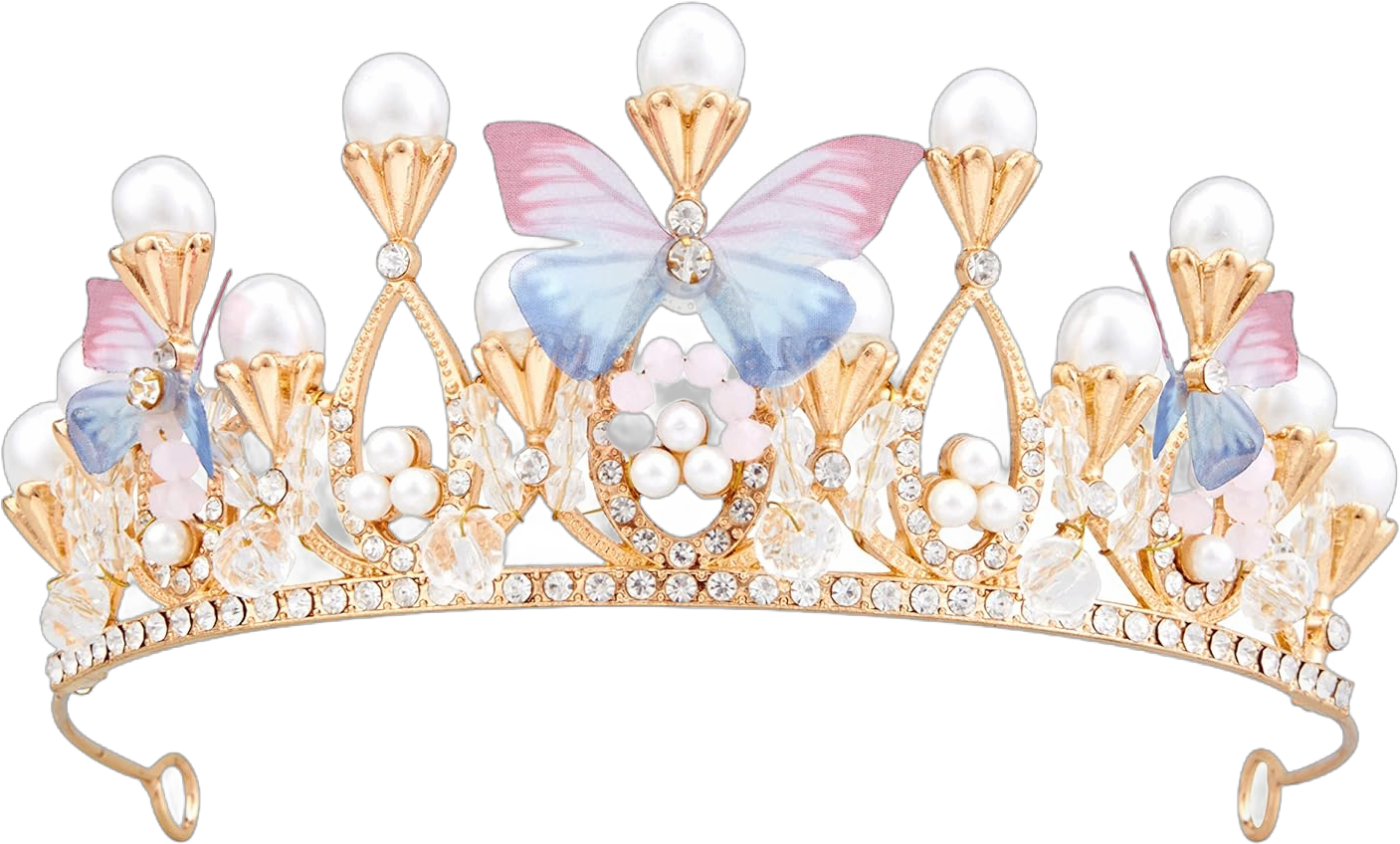 Flower Girl Crown, Princess Butterfly Tiara - Gold Crystal Rhinestone Pearl Headband for Kids Women Adults Birthday Wedding Quinceanera Pageant Prom Homecoming Halloween Mermaid Costume Party