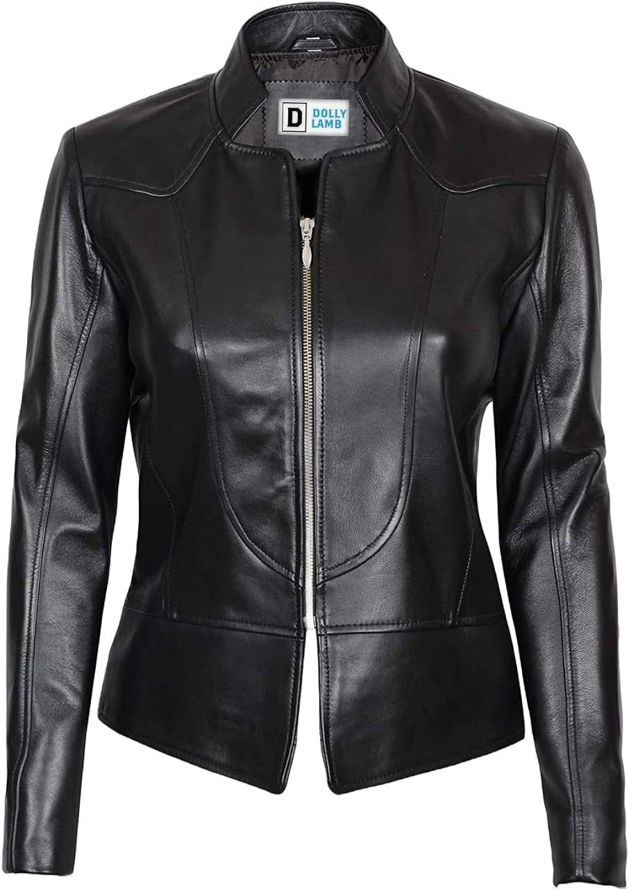 D DOLLY LAMB Women Winter Wear Lambskin Leather Bicker Jacket, Full Soft & Smooth for Girl, Amy Black, X-Small