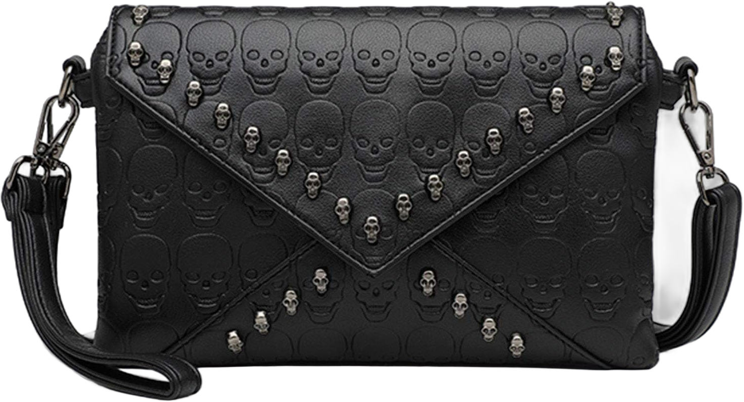 Envelope Clutch Purses for Women Skull Print Studded Rivet Clutch Wallet PU leather Shoulder Bags Black