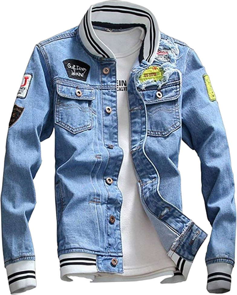 LifeHe Men Denim Jacket With Patches Light Blue