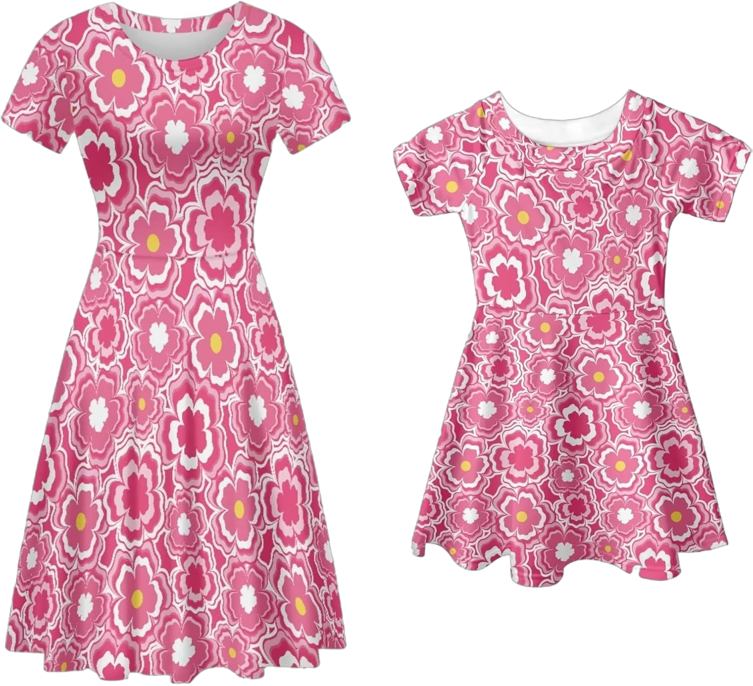 POLERO Matching Dresses for Mom and Girls Short Sleeve Family Summer Dress Midi Sundress Girls 5-6 Years Flowers Pink