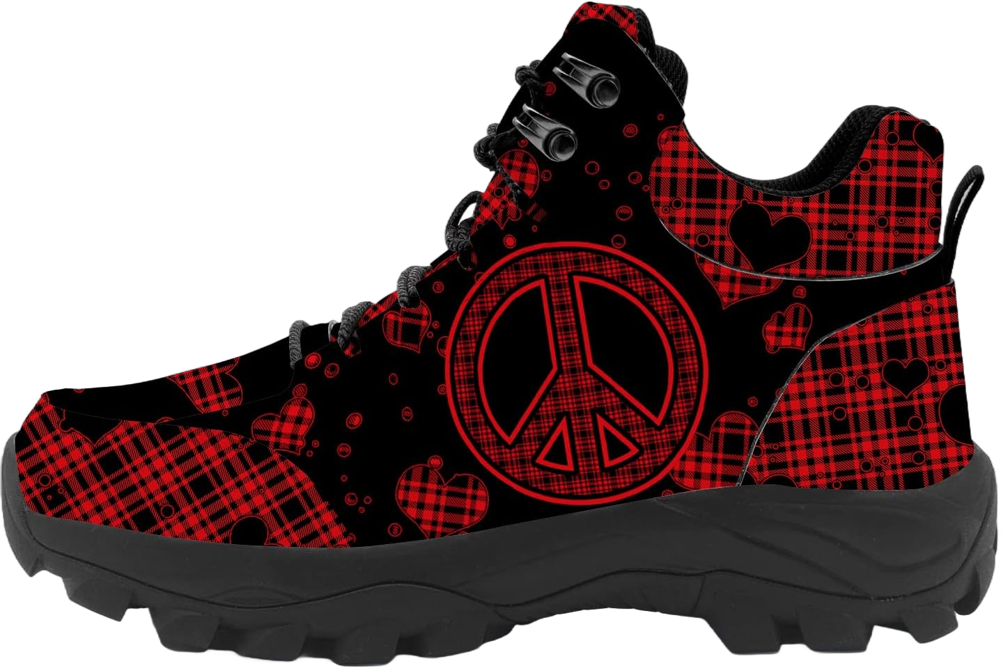 Womens Mens Hiking Shoes Lace Up Waterproof Ankle Work Boots Outdoor Sneaker Black Red Plaid Peace Sign,Mens Size US 9,Women 10.5