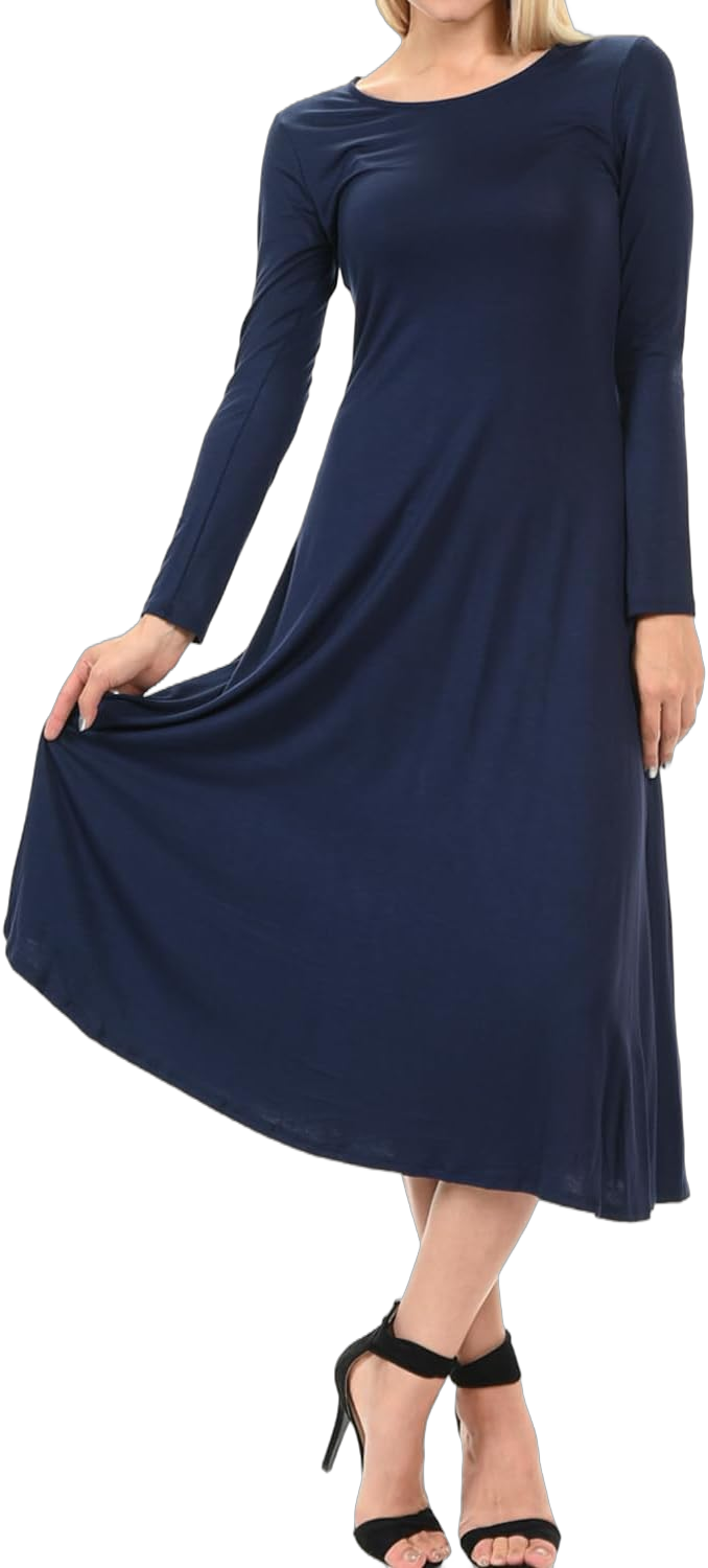 iconic luxe Women's Long Sleeve A-Line Fit and Flare Midi Dress Formal Casual Large Navy