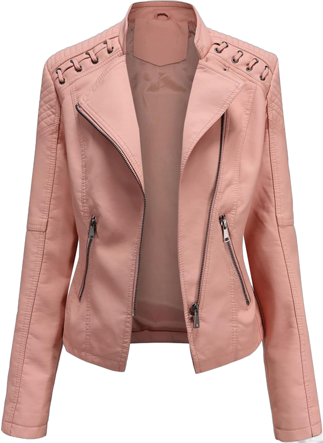 Lu's Chic Women's Motorcycle Jacket Fashion Dressy Vegan Leather Biker Coat Light Slim Fit Crop Blazer Moto Jacket 0 Pink