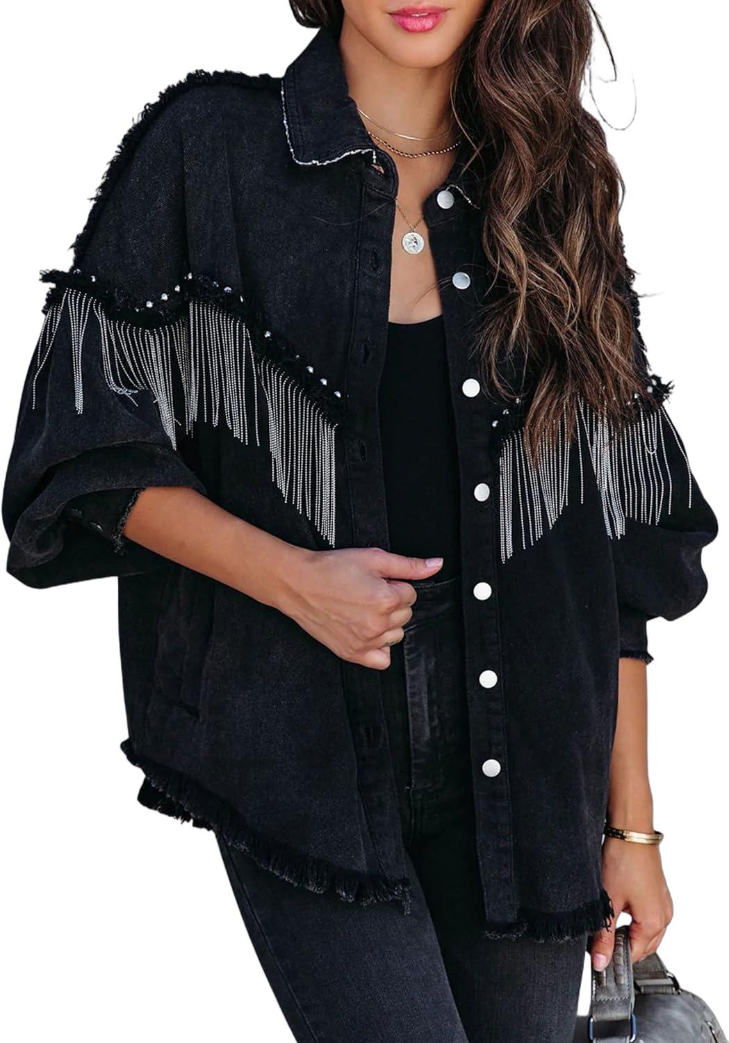 Daacee Oversized Black Fringe Denim Jacket for Women Frayed Sparkly Rhinesstone Jean Jackets Coats Cowgirl Western Outfits Large Black