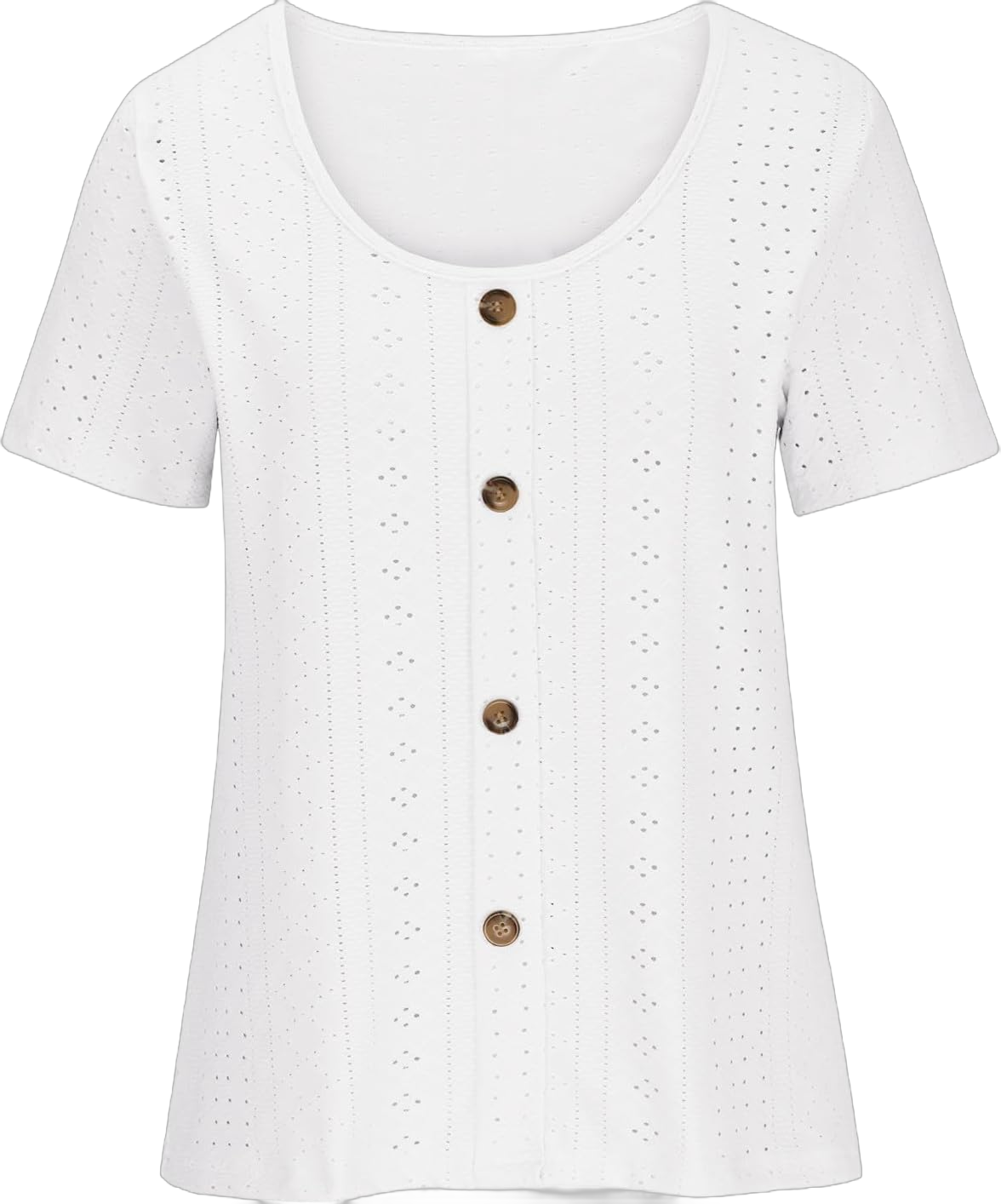 Womens Summer Eyelet Shirts Short Sleeve Button Decor Solid Work Blouse Round Neck Casual Tee Lightweight Trendy Top 4X-Large White