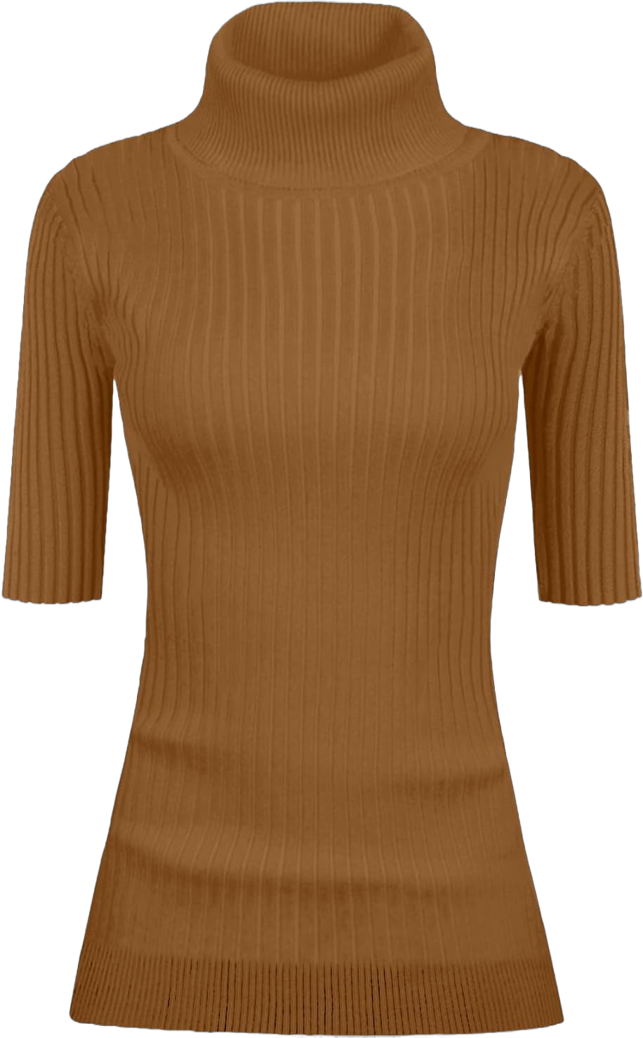 v28 Women Turtleneck 1/2 Half Sleeve Highly Stretchy Ribbed Knit Fitted Sweater Small Brown