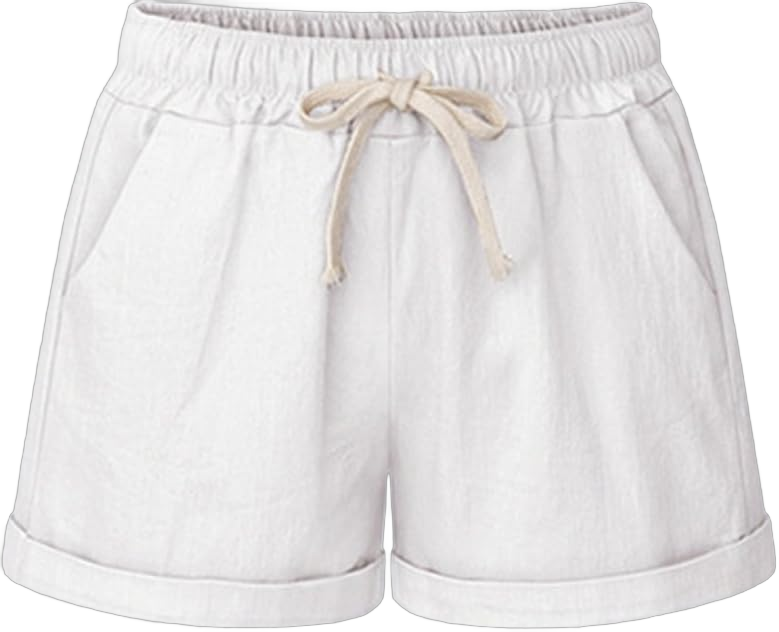 Women's High Elastic Waist Drawstring Casual Comfy Cotton Linen Shorts with Pocktes 10 White