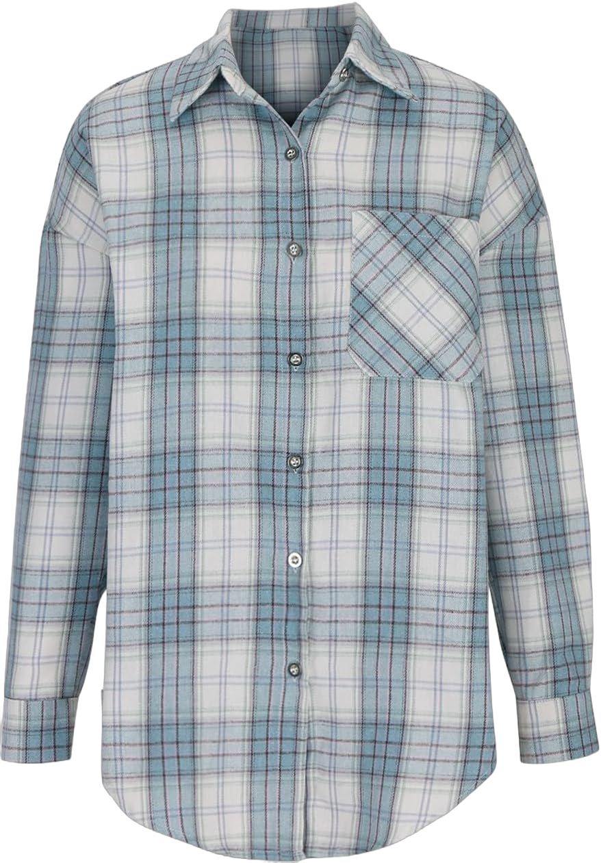 Fashion Boyfriend Plaid Coat for Women Lightweight Flannel Plaid Shirt Coats Casual Button Down Plaid Jacket Light Blue Medium