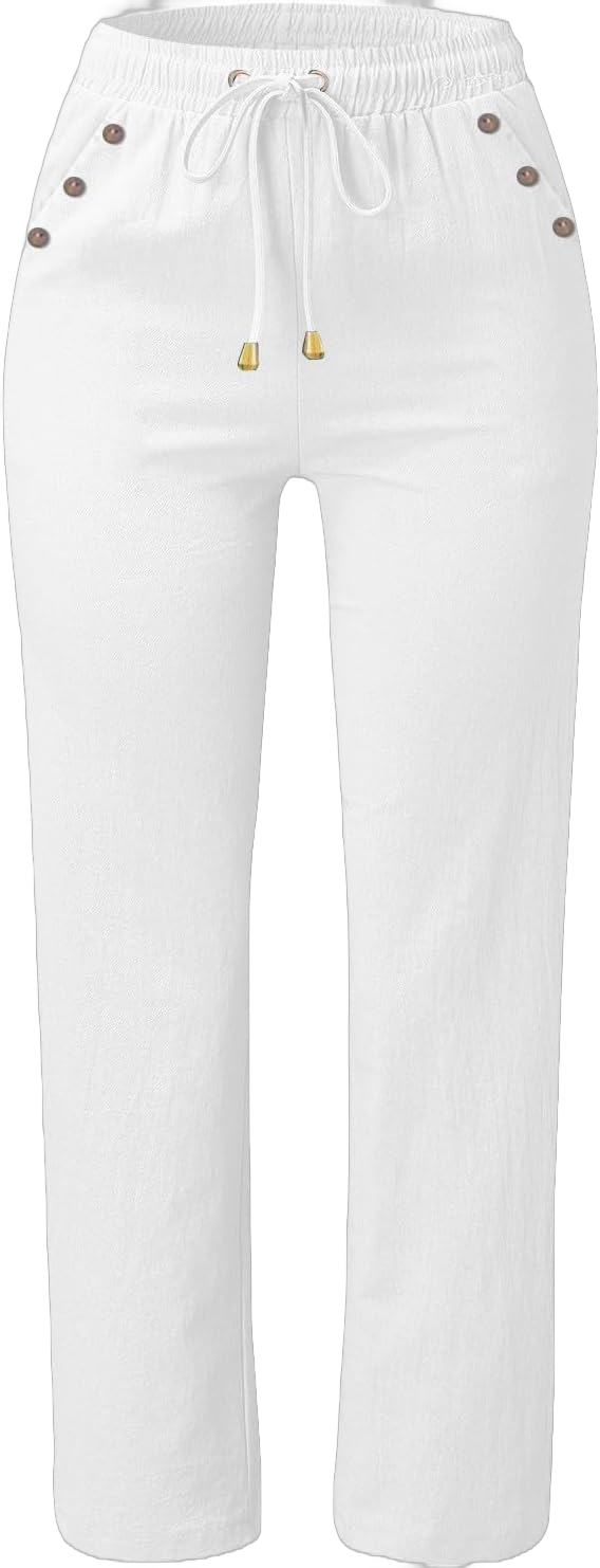 Womens Casual Cotton Linen Pants 2024 Summer Straight Leg High Waist Loose Comfy Solid Color Trousers with Pockets Large White