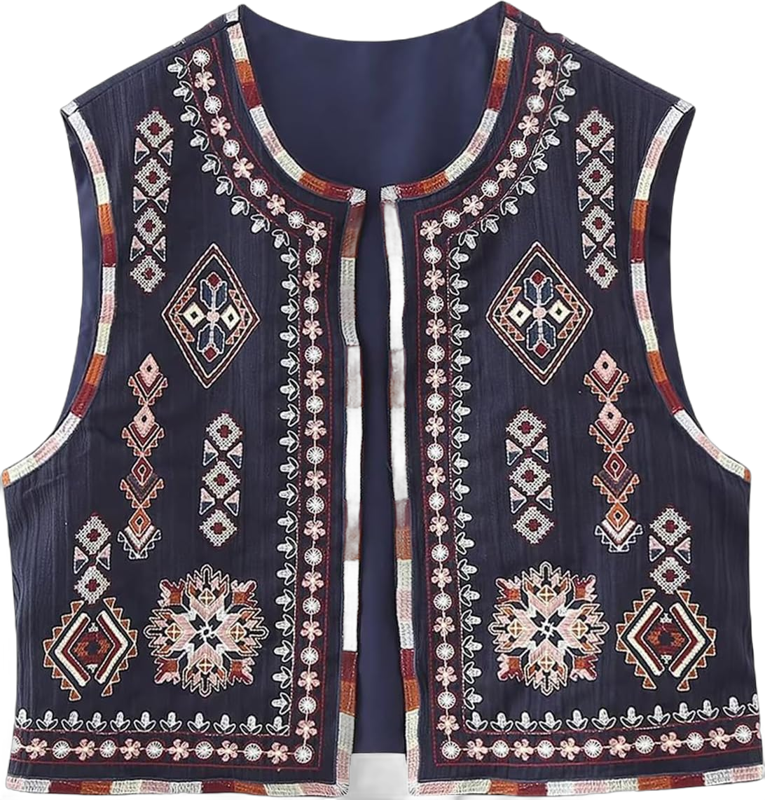 Sawden Women Vintage Floral Embroidered Vest Y2k Boho Open Front Linen Vest Top Cropped Waistcoat Small Navy Blue