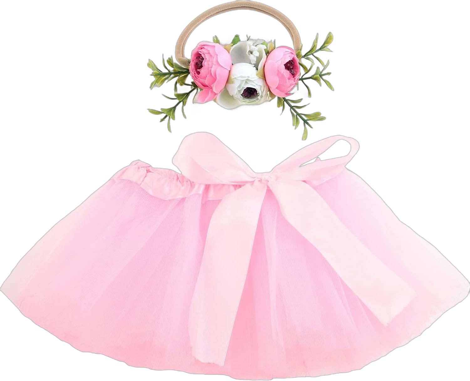 Nishine Baby Girls Tulle Mesh Tutu Skirt with Flower Headband Sets Outfit Costume Cosplay Small Pink