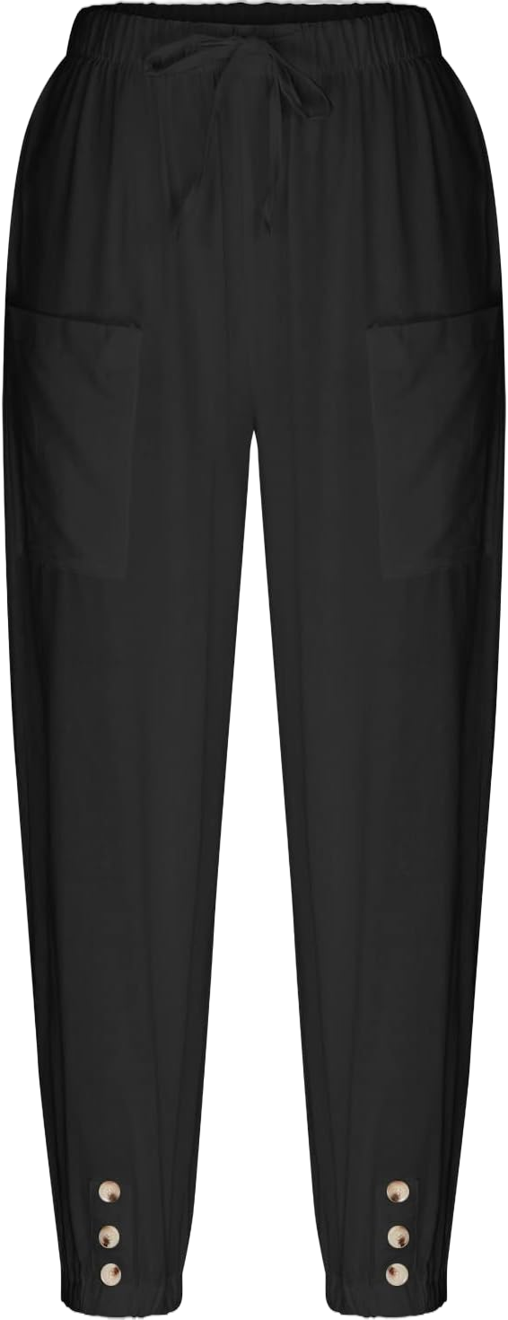 Women's Capri Pants with Pockets Drawstring High Waist Pants Flax Ankle Trousers Wide Leg Cropped Pants for Women XX-Large Black