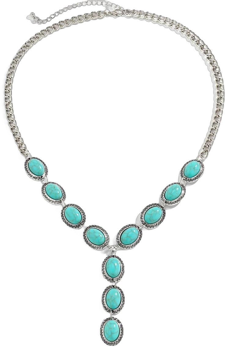 Rrdaily Vintage Faux Turquoise Pendant Necklace For Women Western Boho Necklace Western Cowgirl Necklace Long Turquoise Necklaces Chunky Silver Chain Necklace