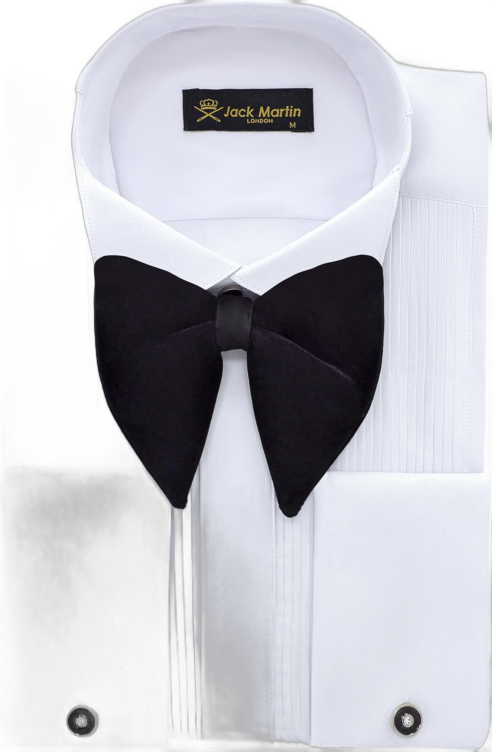 Men's White Wing Collar Tuxedo Shirt with French Cuffs | Set Incl. Cufflinks & Black Bow Tie | Luxe Dress Shirts for Men