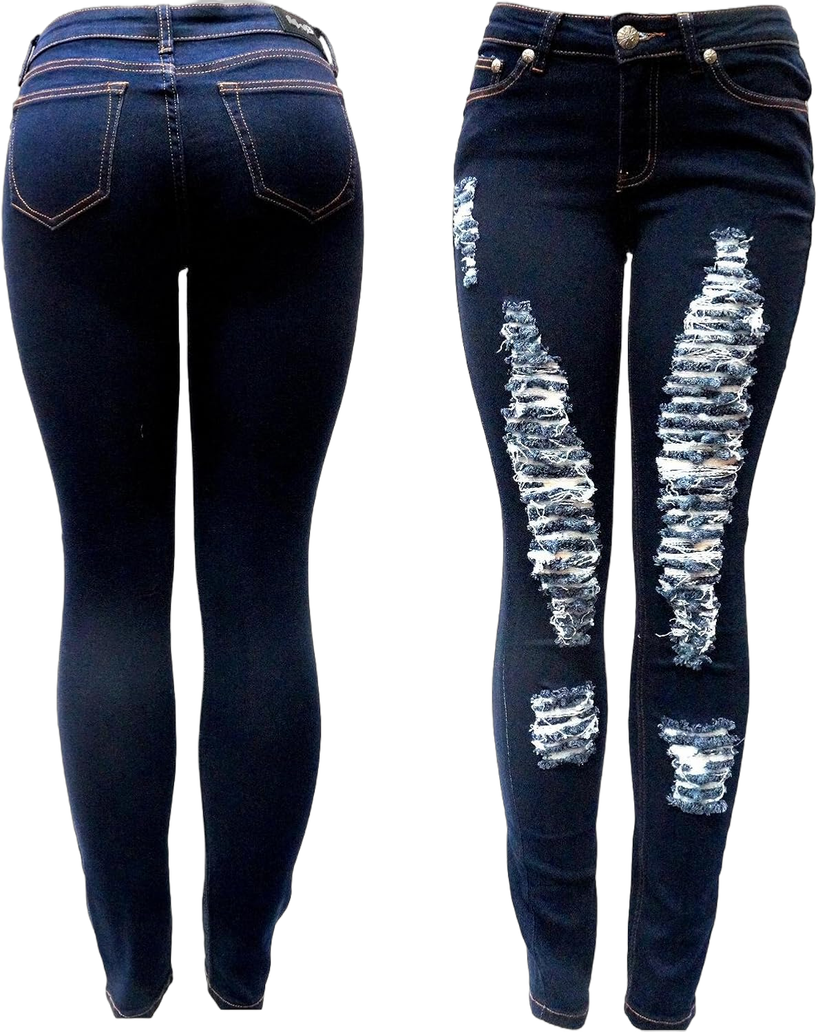 Juniors Womens Blue Denim Distressed Skinny Jeans Cotton Stretch Ripped Pants