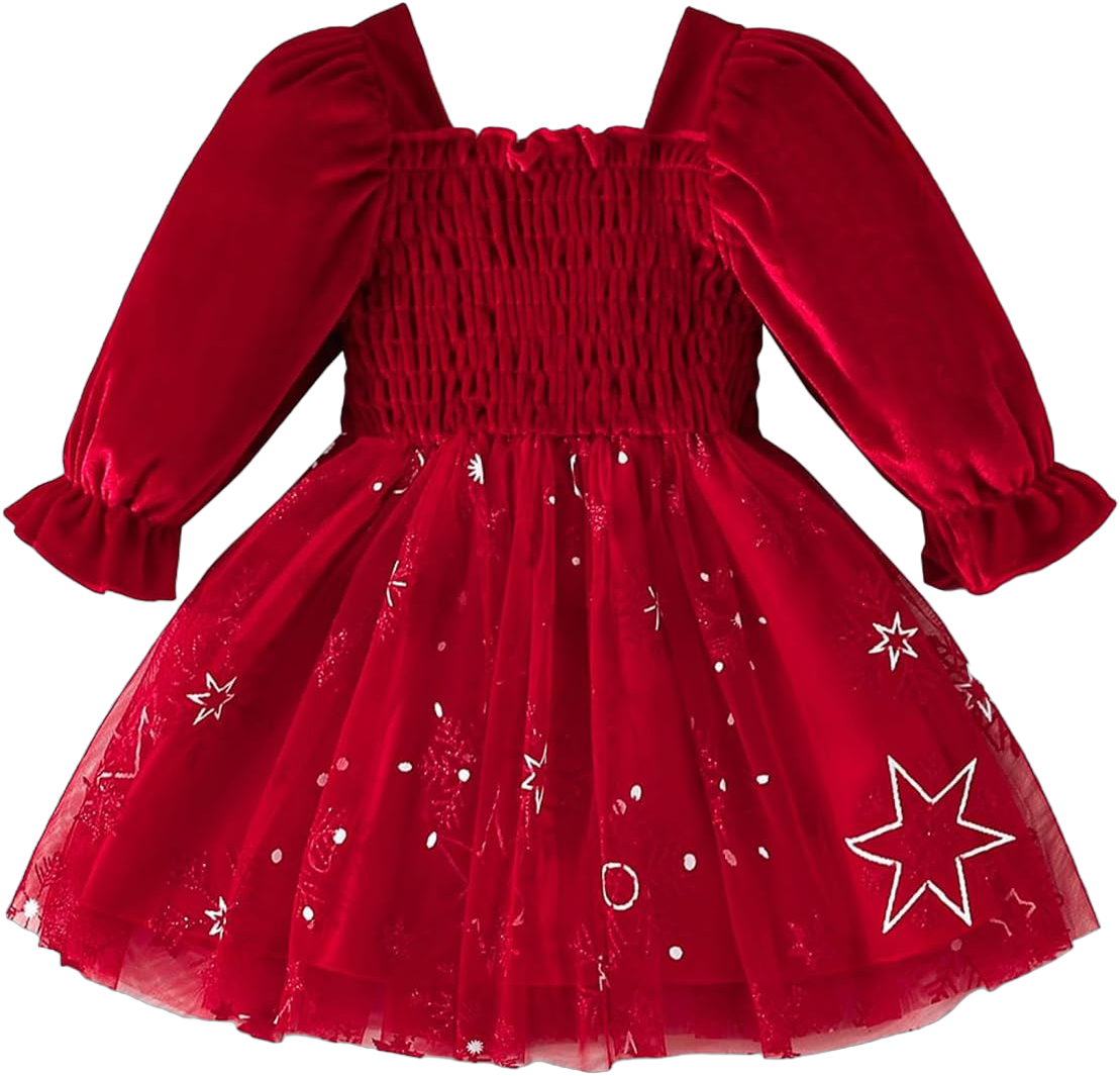 Velvet Dress for Toddler Girls Casual Winter Fall Clothes Split Smocked Long Sleeve Christmas Party Wedding Dress Red 2-3T