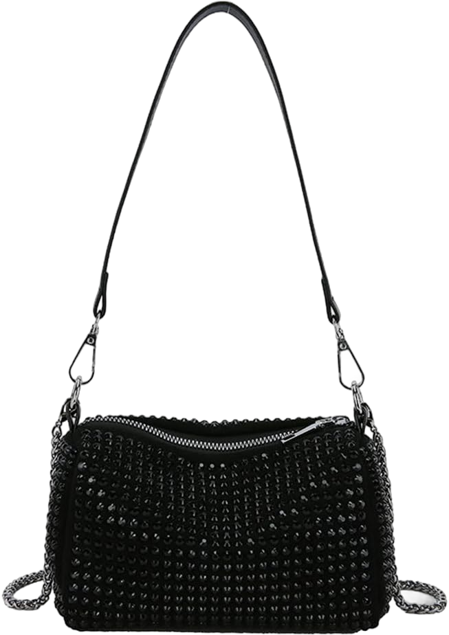 Rhinestone Cylinder Crossbody Bag Sparkling Barrel Purse Mini Tote for Women 014b Black