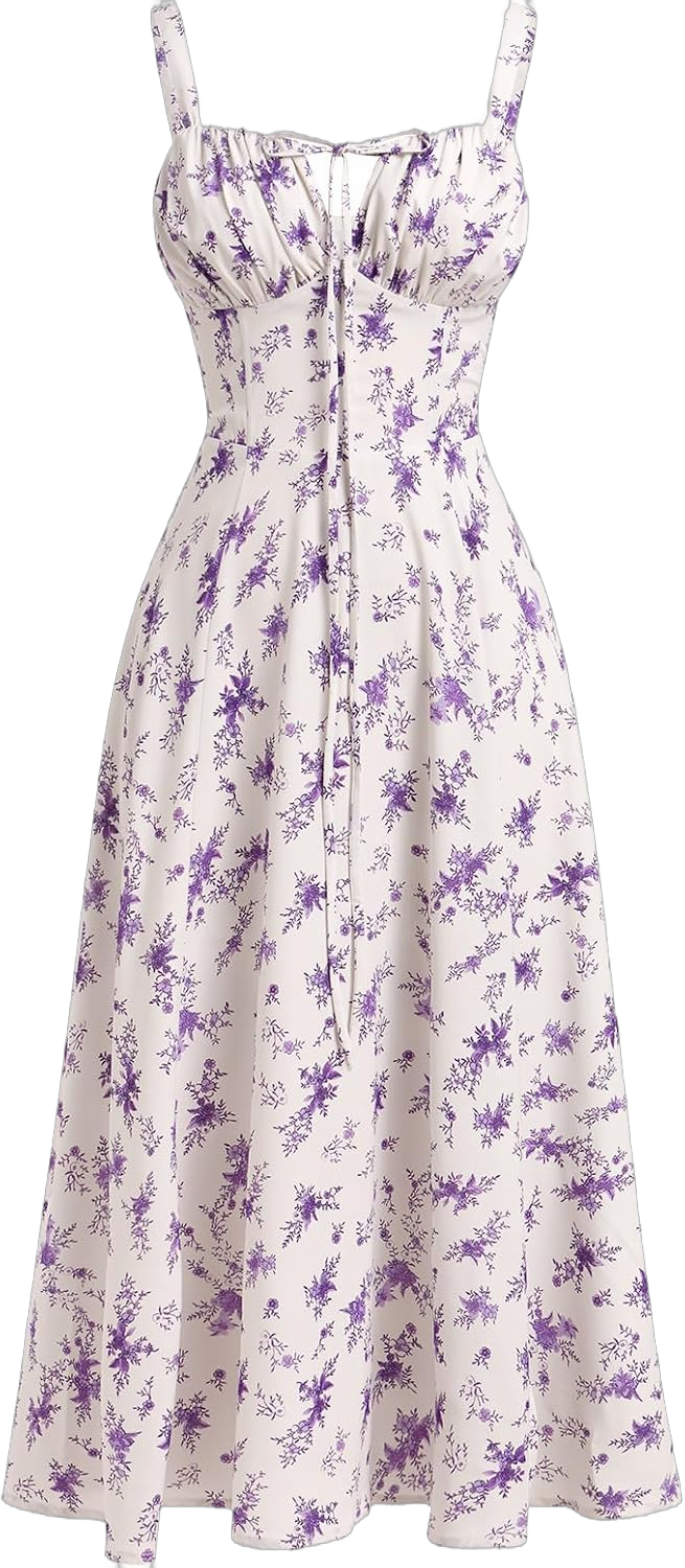 Women Floral Corset Dress Summer Dress 2024 Boho Flowy Slit Lace Up Midi Dresses Going Out A Line Casual Sundress Small Purple