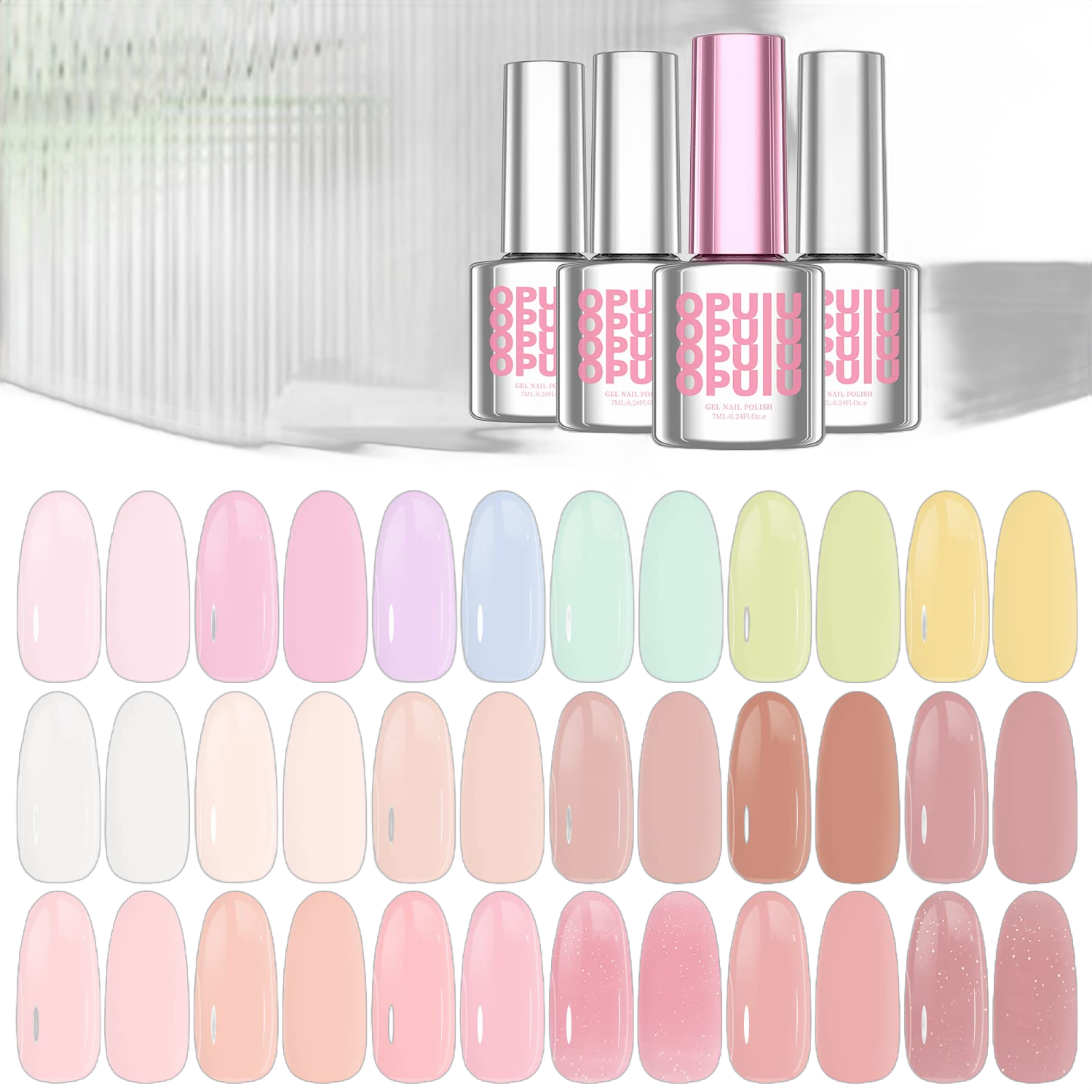 OPUIU 24 Jelly Gel Nail Polish Kit Pastel Nude Pink Translucent Gel Polish Set with Base Top Matte Top Coat Gift for Women Girls B-MACARON