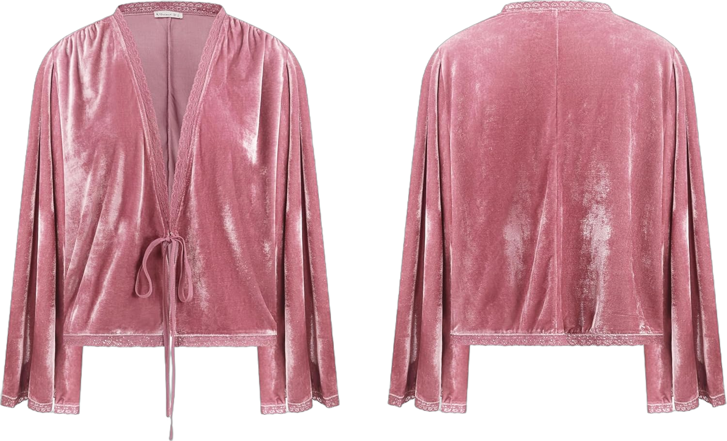 R.Vivimos Women's Fall Velvet Casual Jackets Bell Long Sleeve Tie Front Lace Trim Loose Vintage Kimono Cardigan Short Coat Small Pink