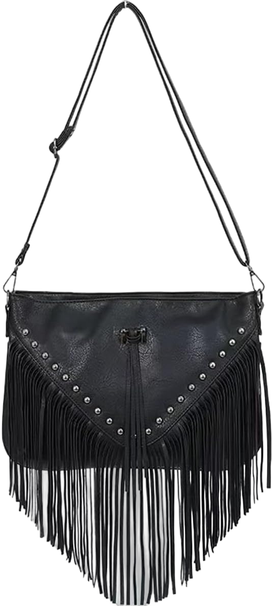 IAMUHI Casual Rivets Fringed Shoulder Handbag for Women,Soft Vegan Leather Hippie Crossbody Purse Bag Hobo Bag A-black