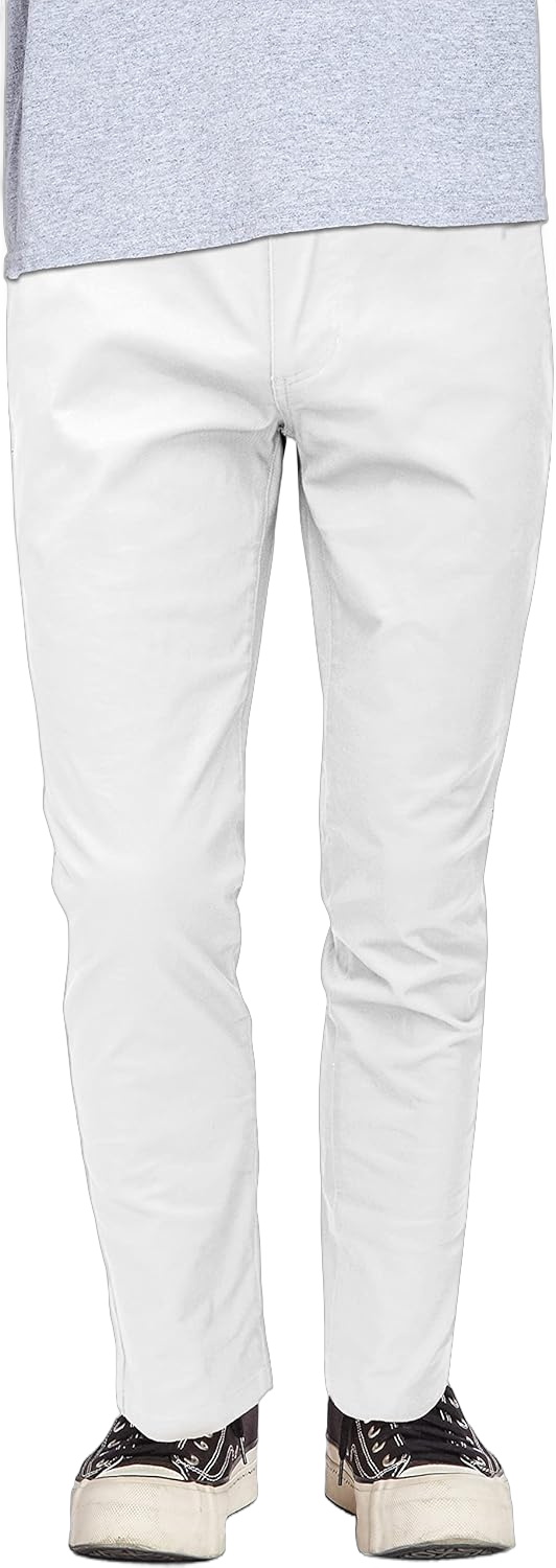 Men’s Chino Work Pants - Casual Stretch Cotton Twill Slim Fit Deep Pocket Tapered Leg Comfort Performance 42W x 31L White