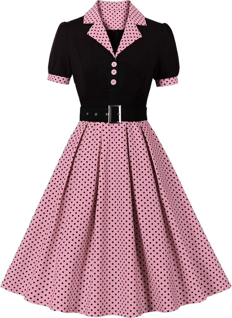 Women Vintage 1950s A-Line Dress Summer Casual Elegant Polka Dots V-Neck Short Sleeve Lapel Mid Swing Dress Hot Pink X-Large