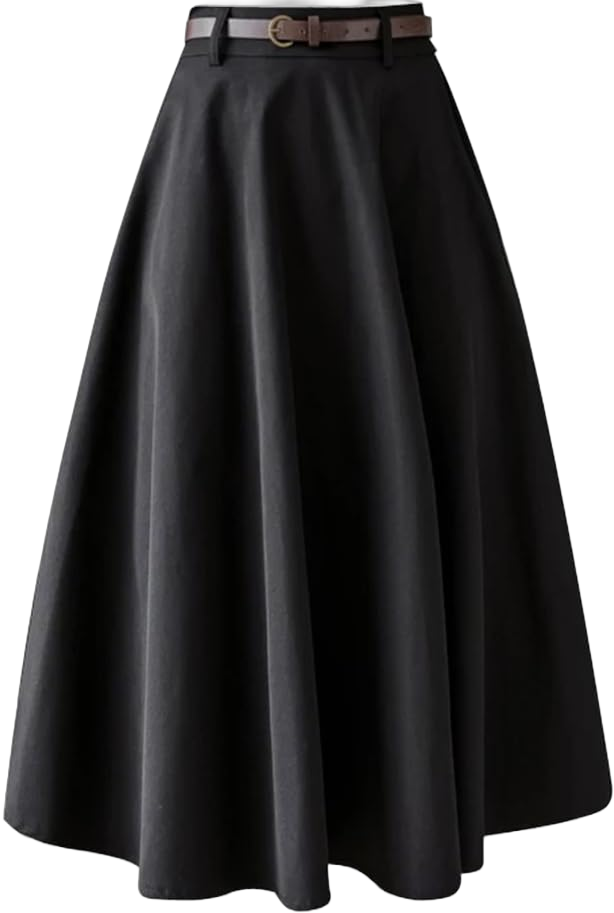 Womens Summer Vintage High Waist Belted A-Line Midi Skirts Flare Skirt Medium Black